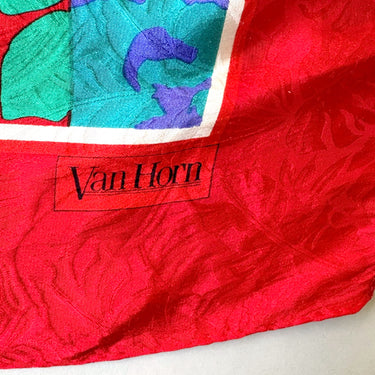 Van Horn Silk-Feel Square Scarf - Patchwork Leopard Print, Red Border - 35" - 1980s Vintage