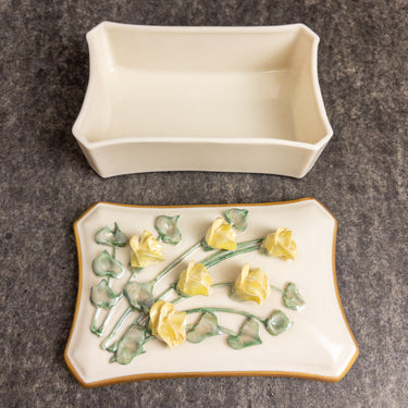 Vintage Roses Porcelain Vanity Set 2pc Covered Trinket Box and Pin Tray - 1940s set