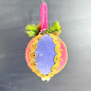 Vintage handmade velvet Christmas ornament – pink & purple with gold trim and beads – retro holiday decor - NextStage Vintage