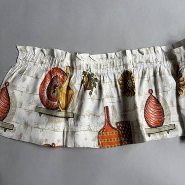 Vintage 1950s Kitchen Valance - Faux Brick Wall Print - Decorative Pottery & Bottles - Rod Pocket  48 x 9  Mid Century Kitchen Decor