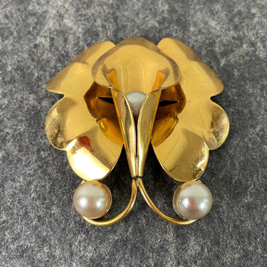 Orchid Brooch with Pearl Accents - Gold Tone Statement Pin - 1960s vintage