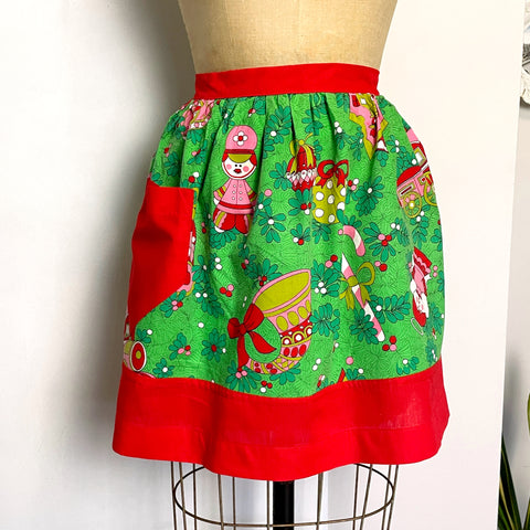 Handmade Christmas print half apron - 60s 70s vintage