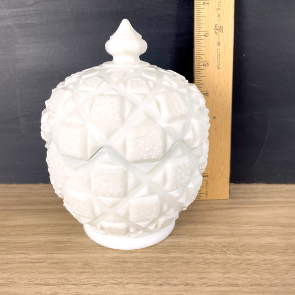 Westmoreland Old Quilt milk glass covered candy dish - vintage fine glass - NextStage Vintage