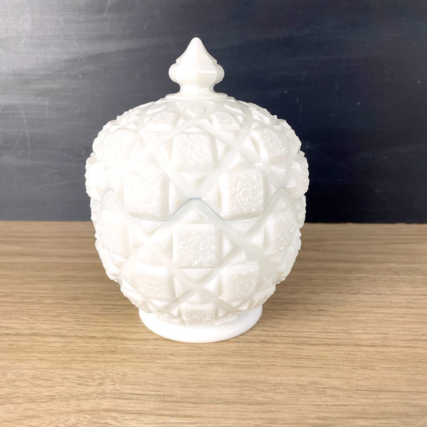 Westmoreland Old Quilt milk glass covered candy dish - vintage fine glass - NextStage Vintage