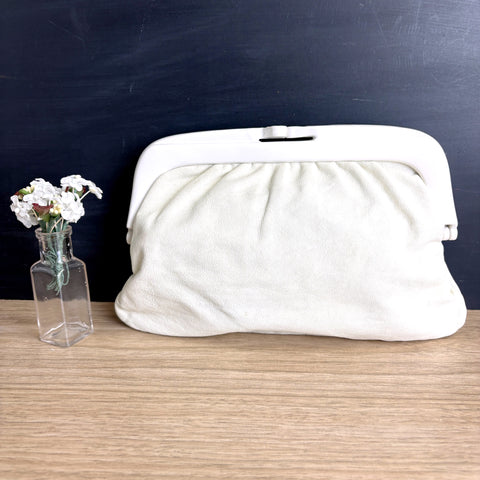 White Italian leather clutch bag - kiss clasp hinge opening - 1980s vintage