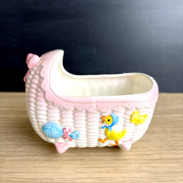 White and pink bassinet planter with duck and butterfly - vintage baby room or shower decor - NextStage Vintage