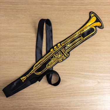 1990s Why-Knot Trumpet Shaped Novelty Tie Brass Music Instrument Black Gold - NextStage Vintage