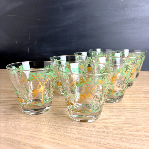 William A Meier mid century tropical monkey rocks glasses - set of 8 - 1950s vintage