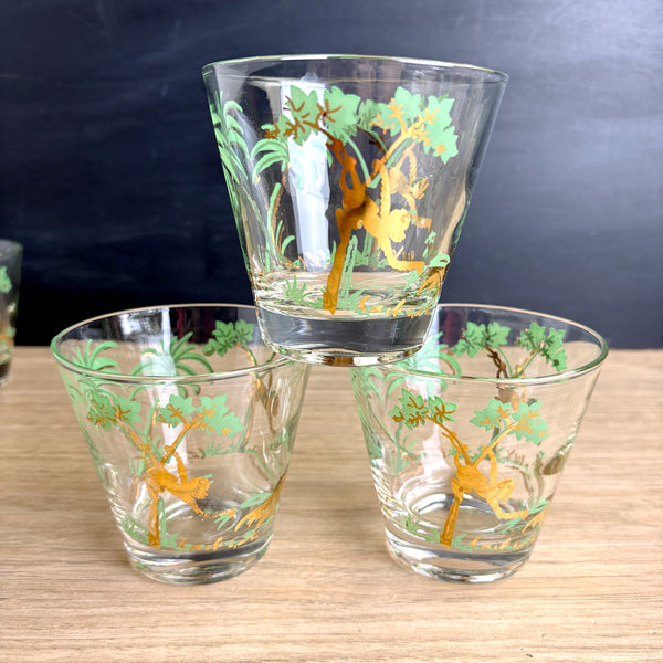William A Meier mid century tropical monkey rocks glasses - set of 8 - 1950s vintage