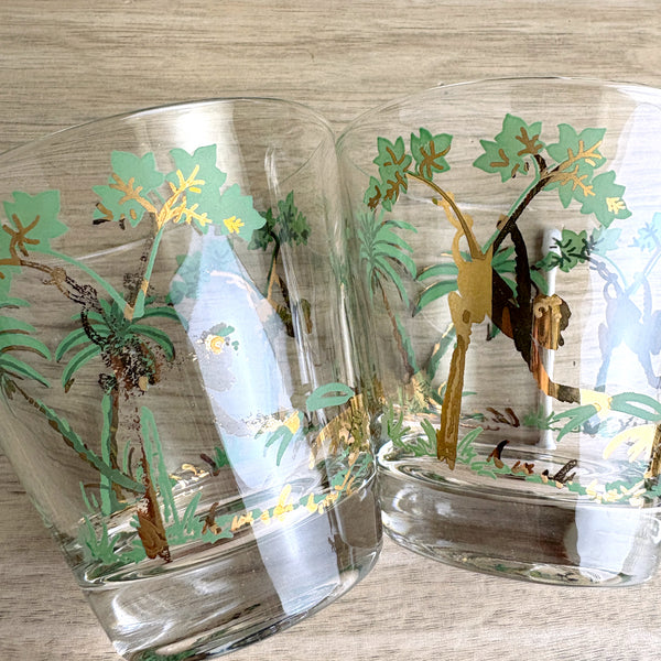 William A Meier mid century tropical monkey rocks glasses - set of 8 - 1950s vintage