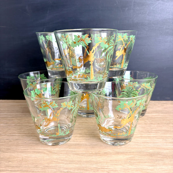 William A Meier mid century tropical monkey rocks glasses - set of 8 - 1950s vintage