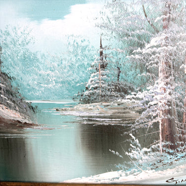 Winter river landscape painting - accent art - rustic wood frame - 1990s vintage - NextStage Vintage
