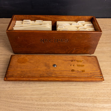 Wooden recipe box with 1960s-1970s recipe cards - vintage kitchen reference