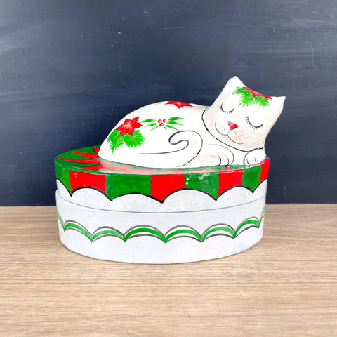 Paper mache cat Christmas box - vintage holiday decor