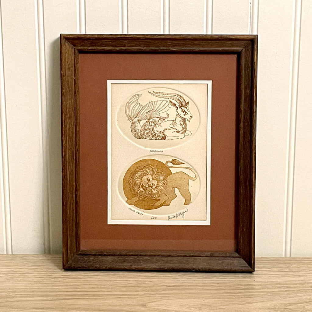 Capricorn and Leo zodiac etchings - framed 1980s color proof - NextStage Vintage