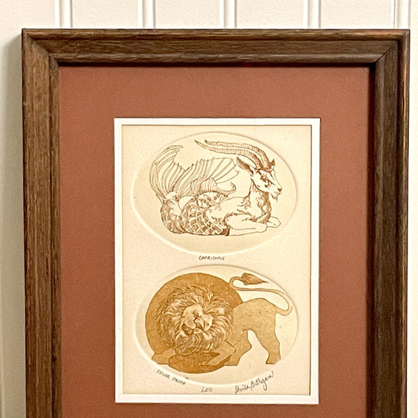 Capricorn and Leo zodiac etchings - framed 1980s color proof - NextStage Vintage
