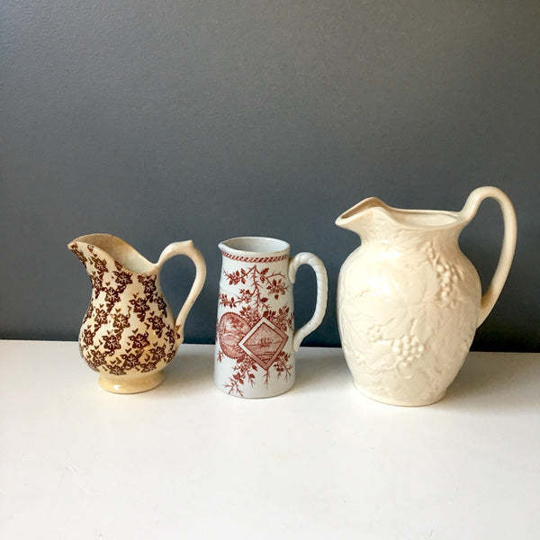 Antique and vintage brown and white pitcher collection - 3 pieces - NextStage Vintage