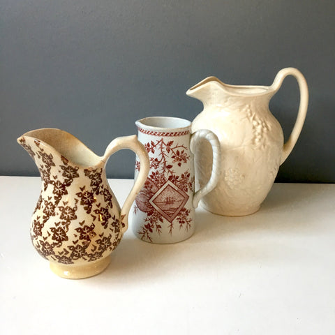 Antique and vintage brown and white pitcher collection - 3 pieces - NextStage Vintage
