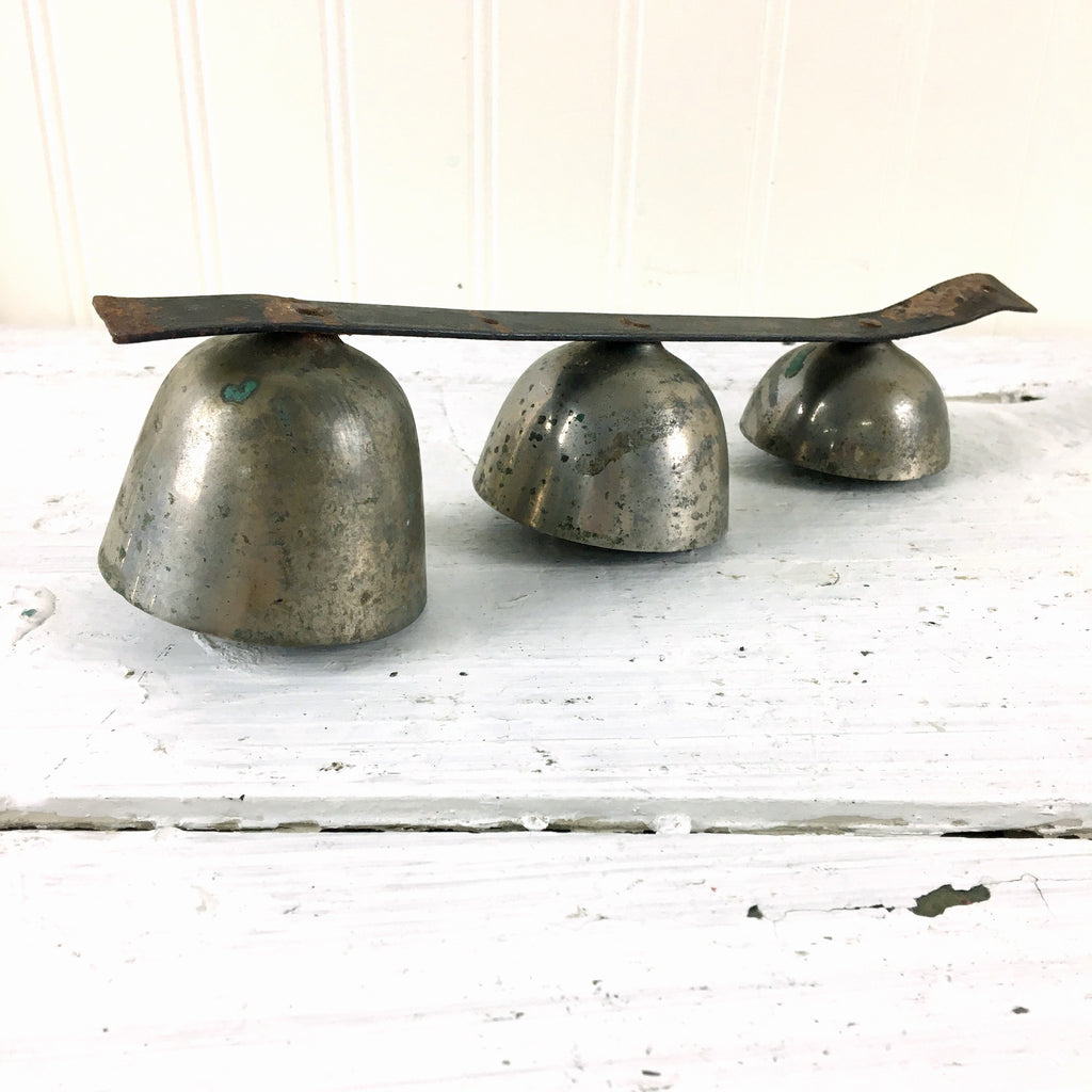 Sleigh bells on a metal strip - 3 graduated bells - 1940s vintage - NextStage Vintage