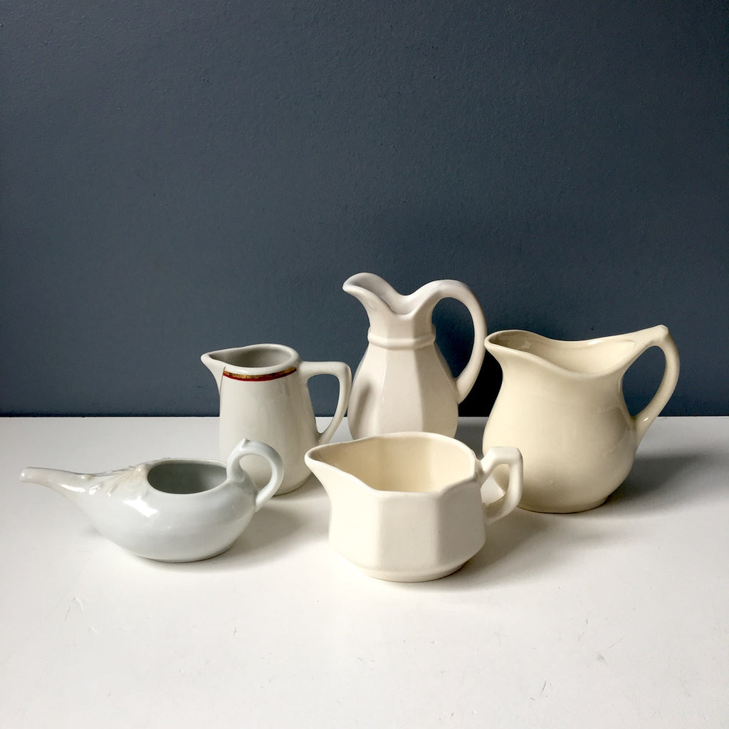 White pitcher collection - small china pitchers for decor or use