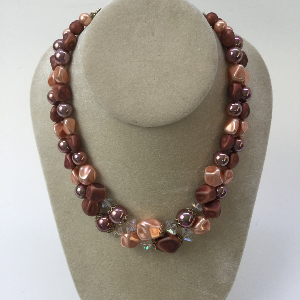 Cocoa, peach and crystal double strand necklace - 1960s vintage - NextStage Vintage