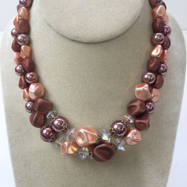 Cocoa, peach and crystal double strand necklace - 1960s vintage - NextStage Vintage