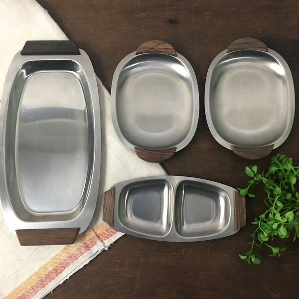 Aluminum and wood side serving pieces - 4 relish and appetizer dishes - 1970s - NextStage Vintage
