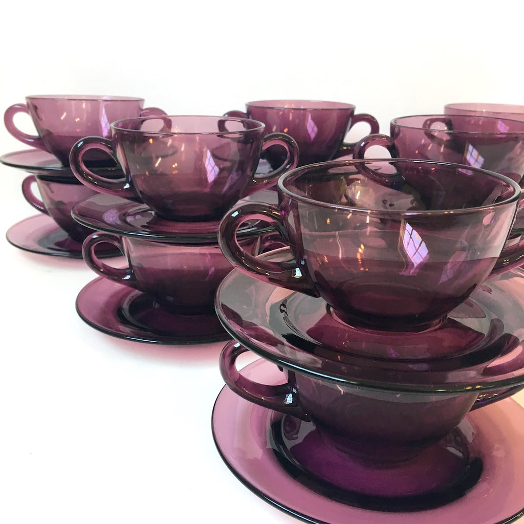 Amethyst glass broth or cream soup cup with saucers - set of 4 - NextStage Vintage