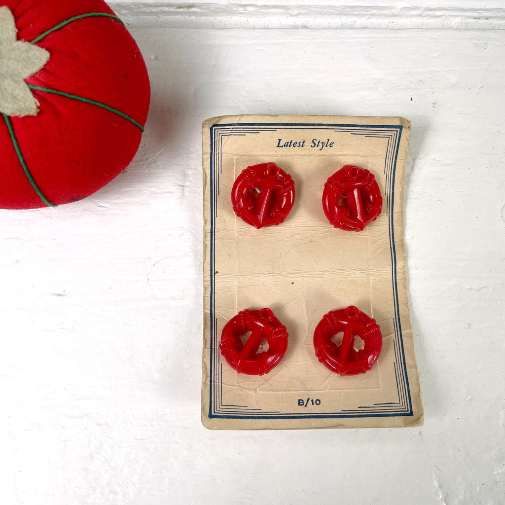 Red plastic anchor buttons on card - 3/4" diameter - vintage sewing - NextStage Vintage