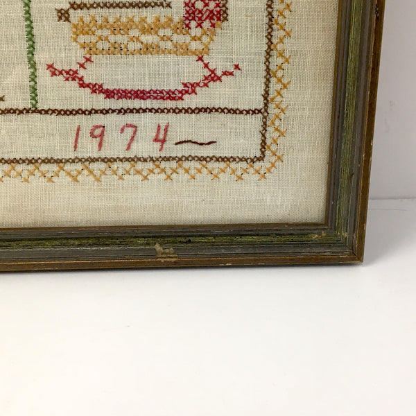 Antiques framed cross stitch - antique treasures - 1970s framed needlework - NextStage Vintage