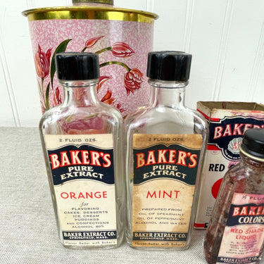 Baker's Extracts and Food Color bottles - vintage 1930s baking groceries - in a vintage tin - NextStage Vintage