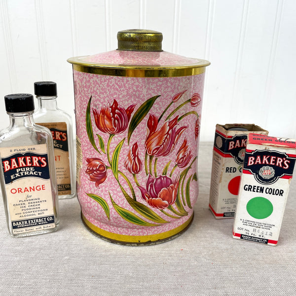 Baker's Extracts and Food Color bottles - vintage 1930s baking groceries - in a vintage tin - NextStage Vintage
