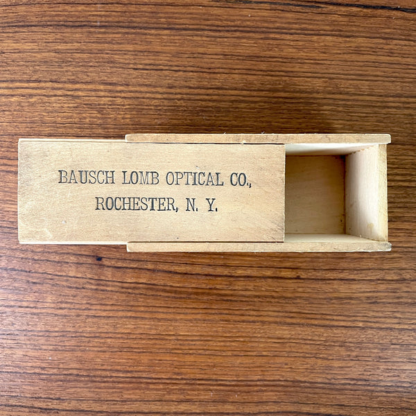 Bausch Lomb Optical Co. Rochester, N.Y. wooden box with slide top - vintage packaging - NextStage Vintage