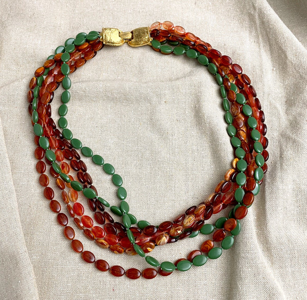 Multi-strand vintage necklace - tortoise, amber and jade plastic beads - 1980s vintage - NextStage Vintage