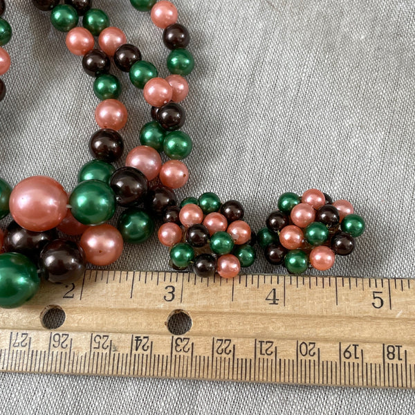 Cantaloupe, green and brown triple strand necklace and cluster earrings - 1960s vintage - NextStage Vintage