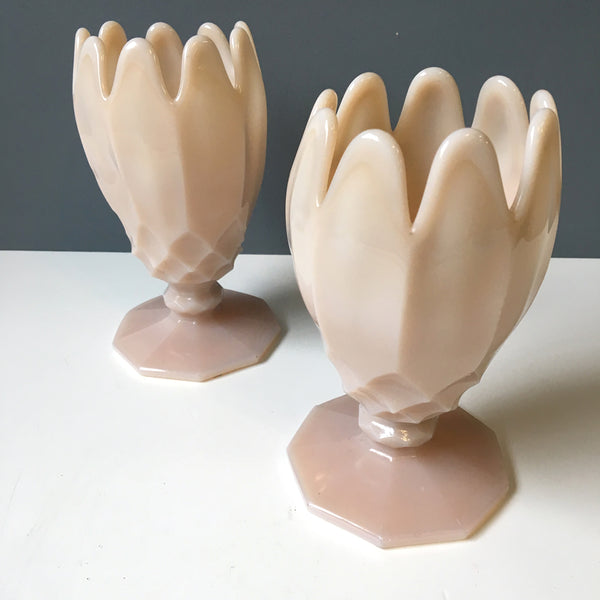 NEED DESCRIPTION UPDATE - EAPG pink/peach glass vase pair - antique hand worked glass - NextStage Vintage