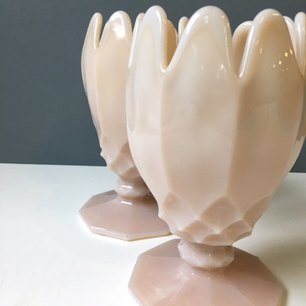NEED DESCRIPTION UPDATE - EAPG pink/peach glass vase pair - antique hand worked glass - NextStage Vintage