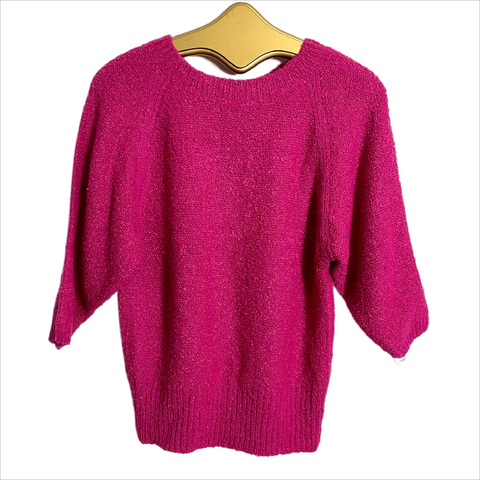 1980s boucle knit fuchsia short sleeve pullover sweater - size L - NextStage Vintage