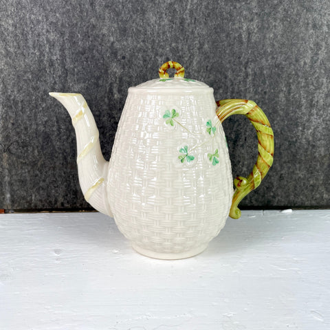 Belleek Basketweave teapot - 4th mark green - vintage 1940s-1950s - NextStage Vintage