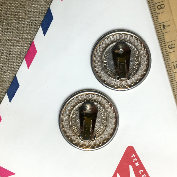 Bergere Elizabeth II Regina coin clip earrings - vintage costume jewelry - NextStage Vintage