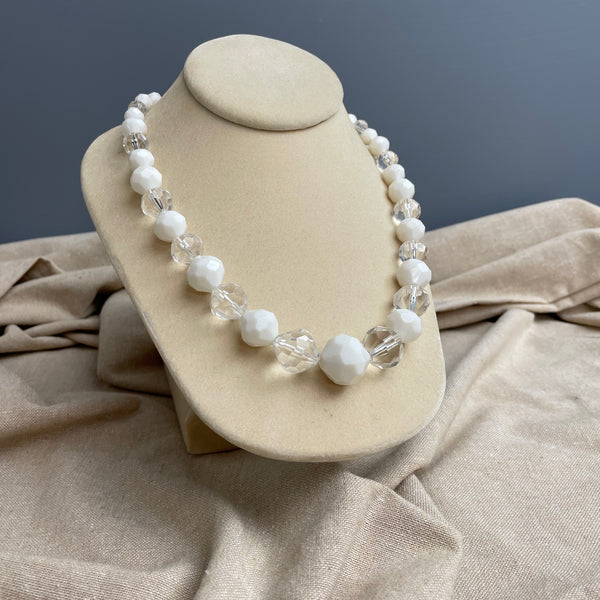 Faceted graduated white and clear plastic beads - 1960s vintage necklace made in Germany - NextStage Vintage