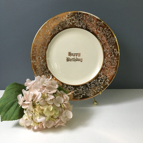 Happy Birthday decorative plate - gold and cream plate wall decor - NextStage Vintage