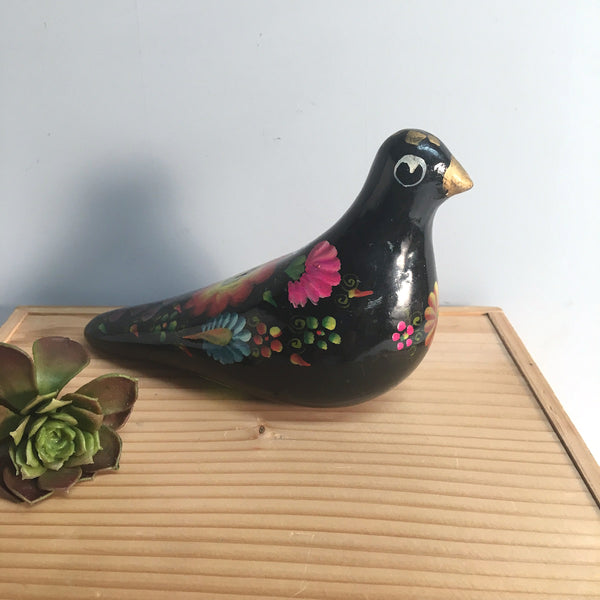 Ecuadorian folk art pottery bird - black painted vintage bohemian decor - NextStage Vintage