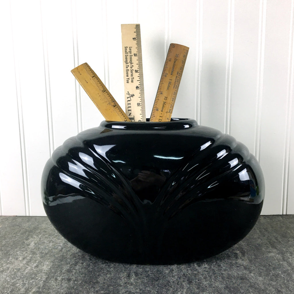 Black ceramic oval vase - 1980s vintage decor - NextStage Vintage
