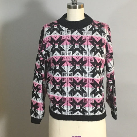 Pink, black, white and silver geometric pullover sweater - 1970s vintage - size M - NextStage Vintage