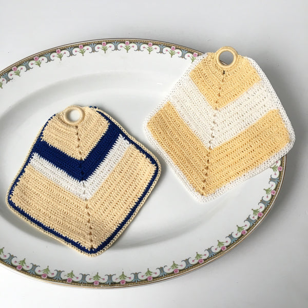 Blue, butter and cream vintage crocheted potholders - vintage kitchen - NextStage Vintage