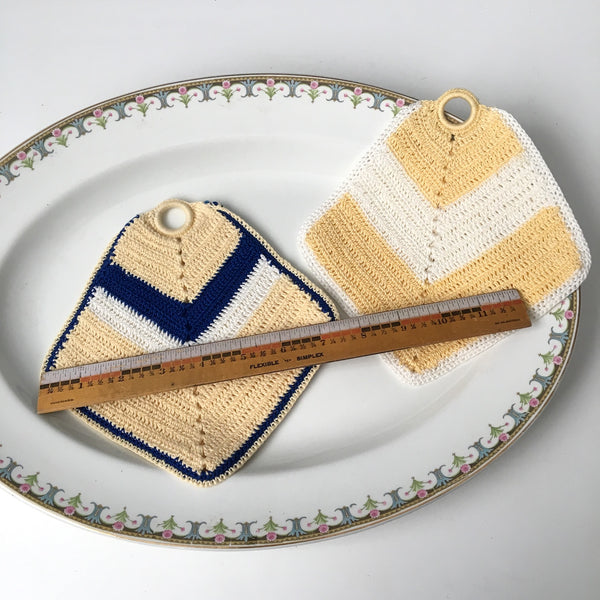 Blue, butter and cream vintage crocheted potholders - vintage kitchen - NextStage Vintage