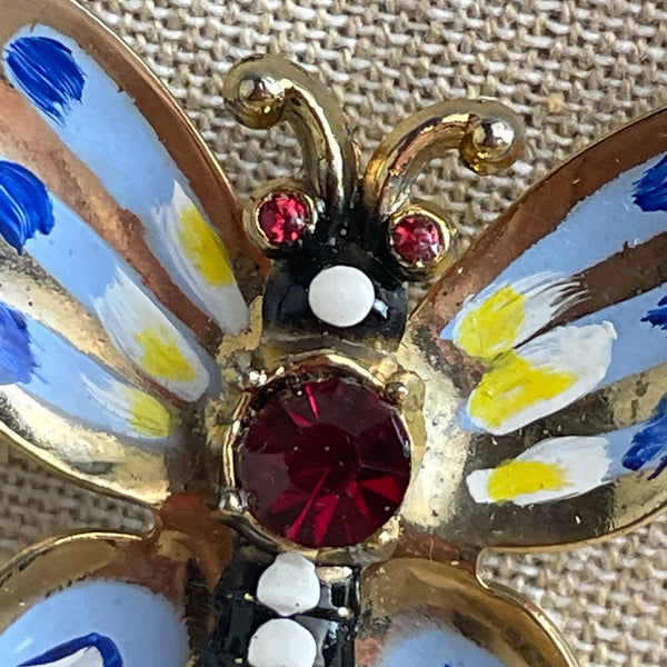 Painted butterfly pin with rhinestones - 1960s vintage costume jewelry - NextStage Vintage