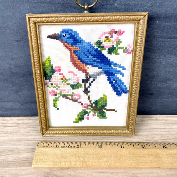 Bluebird framed cross stitch - 1950s framed accent art - NextStage Vintage