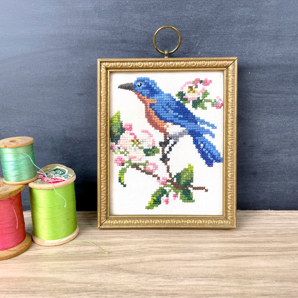 Bluebird framed cross stitch - 1950s framed accent art - NextStage Vintage